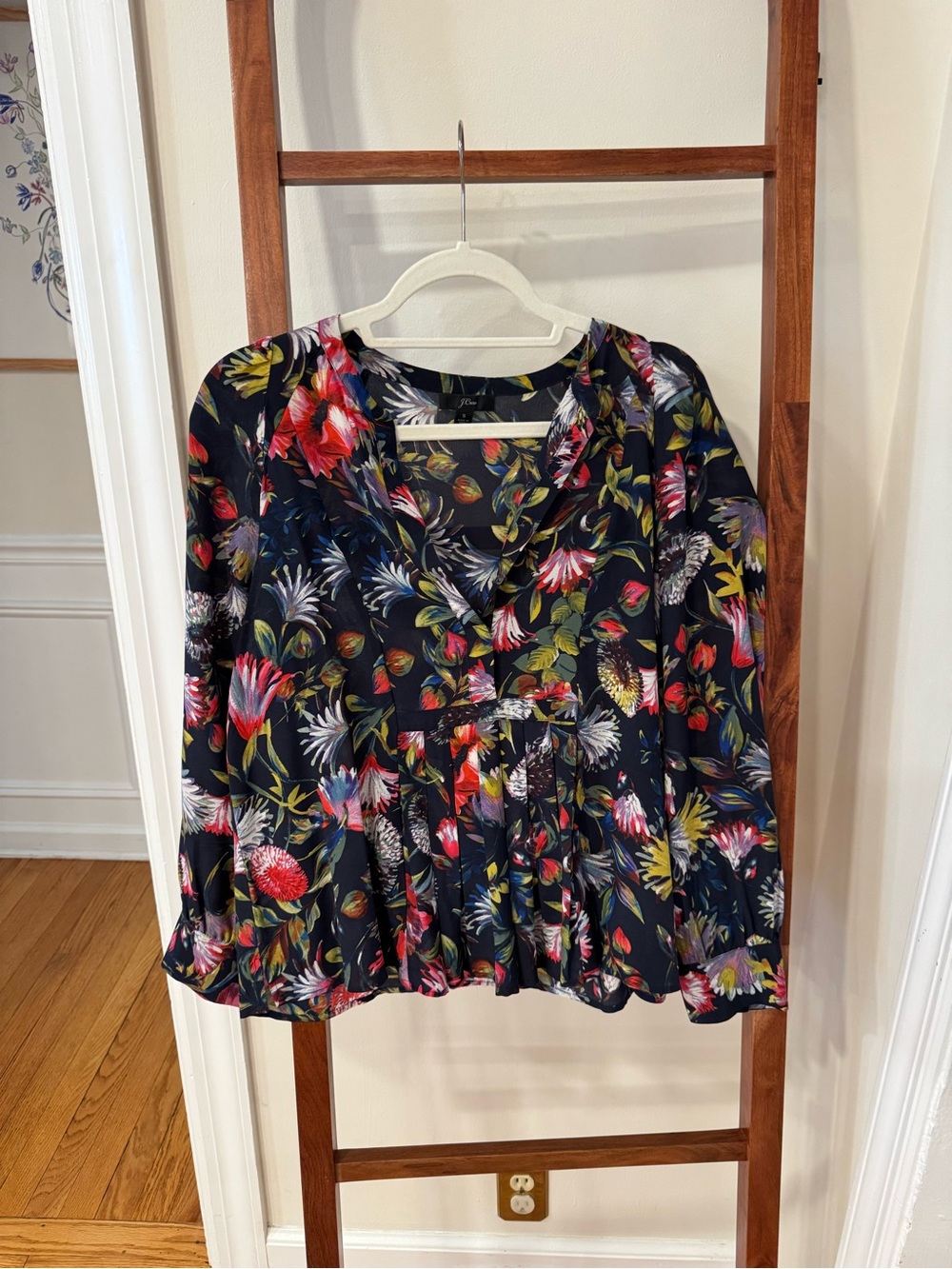 J. Crew Navy Floral V-Neck Long-Sleeve Blouse